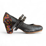 Espiga Combinado Piel Negro Doble Correa con Estampado Tenango Negro