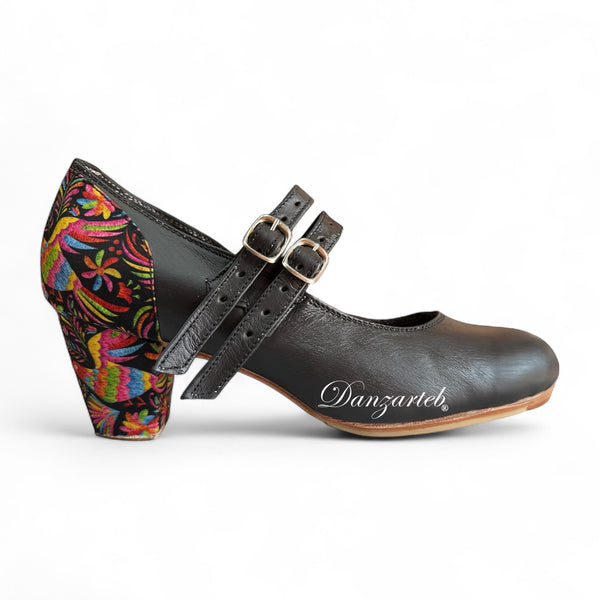 Espiga Combinado Piel Negro Doble Correa con Estampado Tenango Negro
