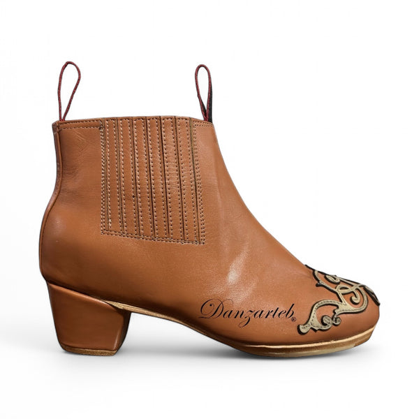 Botín Piel Miel con Greca Piel Beige