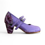 Flamenco Piel Lila Doble Correa con Estampado Flor Morado