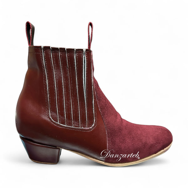 Botín Bicolor Piel Vino Combinado Gamuza Vino